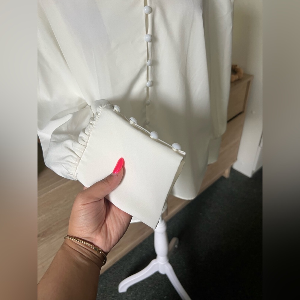 Off-White High Mock-Neck Long Sleeve Modest Asymmetrical Button Dow Shirt Blouse - Picture 6 of 16